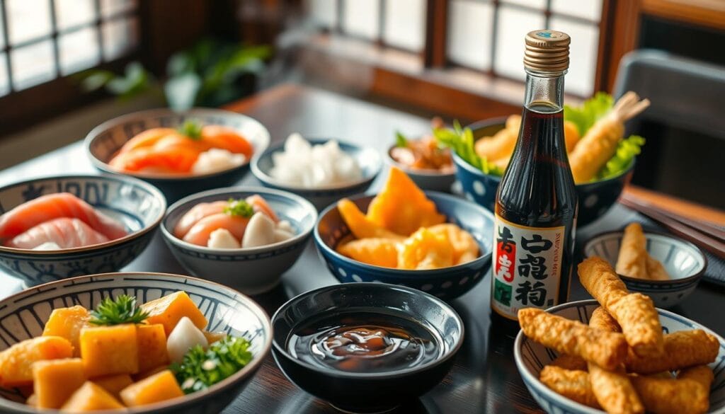 Kikkoman soy sauce enhancing Japanese cuisine