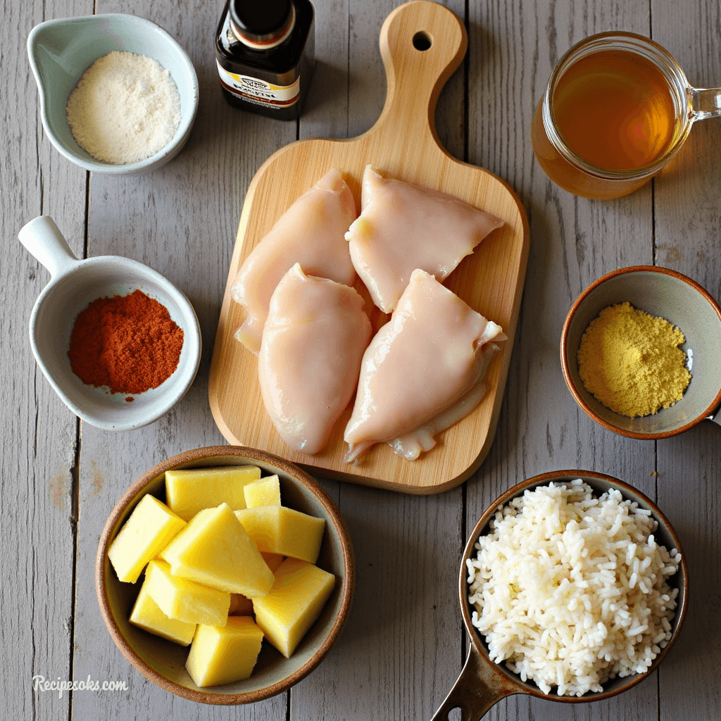 Sweet and savory Pineapple chicken and rice ingredients2